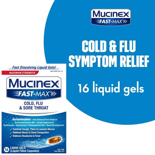 Mucinex Fast-Max Cold, Flu, & Sore Throat Relief Medicine, OTC Cough Suppressant, 16 Liquid Gels Mucinex Fast-Max Cold, Flu, & Sore Throat Relief Medicine, OTC Cough Suppressant, 16 Liquid Gels