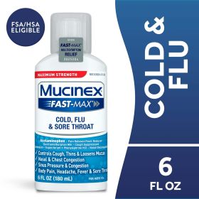 Mucinex Fast-Max Cold, Flu, & Sore Throat Relief Medicine, OTC Cough Suppressant, Expectorant, 6 fl oz (Brand: Mucinex)